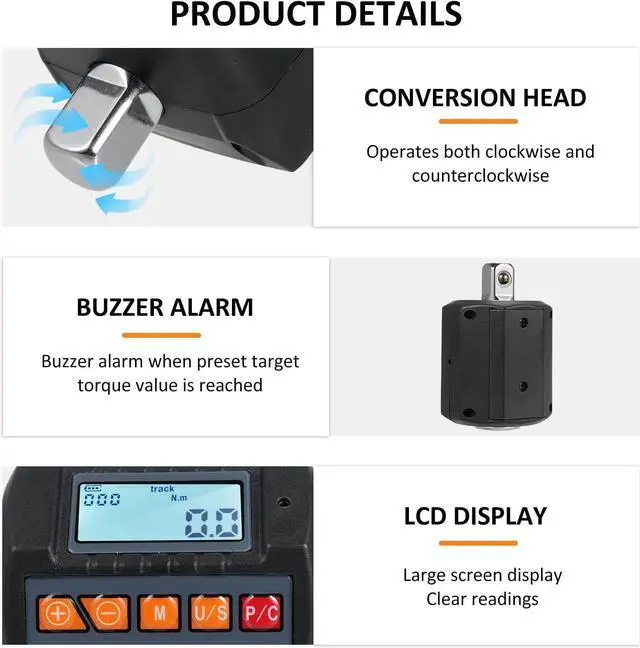 Alt view image 6 of 7 - Digital Torque Wrench Adapter, 1/2'' Torque Wrench Converter Drive Include 3/8'' and 1/4'' Torque Adapters, Torque Test Meter with Alert Signals, Calibrate Digital (7.4-250.8 ft-lb/10-340 Nm)