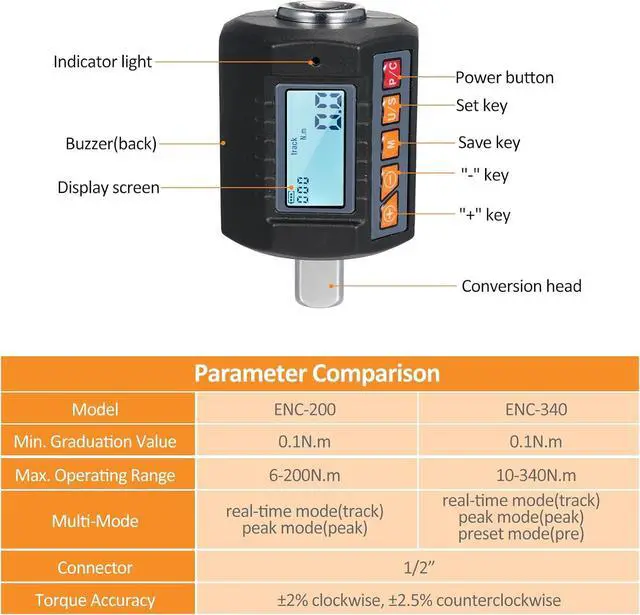 Alt view image 7 of 7 - Digital Torque Wrench Adapter, 1/2'' Torque Wrench Converter Drive Include 3/8'' and 1/4'' Torque Adapters, Torque Test Meter with Alert Signals, Calibrate Digital (7.4-250.8 ft-lb/10-340 Nm)