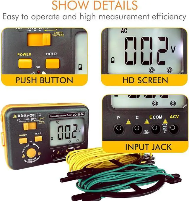 Alt view image 7 of 7 - VC4105A Earth Resistance Tester Digital Grounding Resistance Meter 20/200/2000 Ground Resistance 750V AC Voltage Measure Backlight LCD Display Data Hold