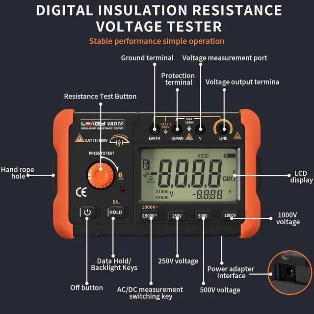 Alt view image 2 of 6 - VAD78 Digital Insulation Resistance Tester - Accurate Megohm Meter for DC/AC Voltage Testing (20-1500V, 20-750V) and Resistance Measurement (0-5000 Megohms)