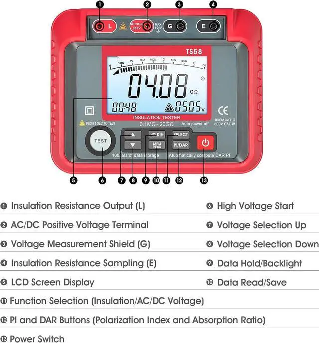 Alt view image 2 of 7 - Megohmmeter 0.1M-20G Digital Insulation Resistance Tester with 50V/100V/250V/500V/1000V Output Voltage, Data Logging, 10V~600V AC/DC Voltmeter Megohm Meter w/Test Lead & Zipper Bag