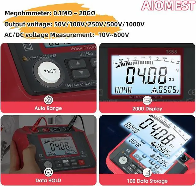 Alt view image 3 of 7 - Megohmmeter 0.1M-20G Digital Insulation Resistance Tester with 50V/100V/250V/500V/1000V Output Voltage, Data Logging, 10V~600V AC/DC Voltmeter Megohm Meter w/Test Lead & Zipper Bag