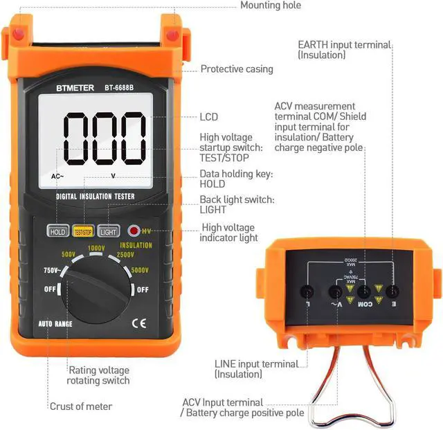 Alt view image 2 of 6 - BT-6688B Megohmmeter 200 Gig Ohm Digital Insulation Resistance Tester, 500V/1kV/2.5kV/5kV Test Voltage, Auto Ranging, Backlight Display