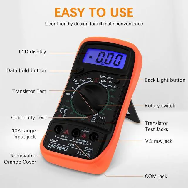 Alt view image 5 of 7 - Digital Multimeter Voltmeter Battery Voltage Multi Tester Continuity Ohm Volt Amp DC AC Current Resistance Diodes 2000 Counts Electrical Test Meter with Leads Backlight LCD Display