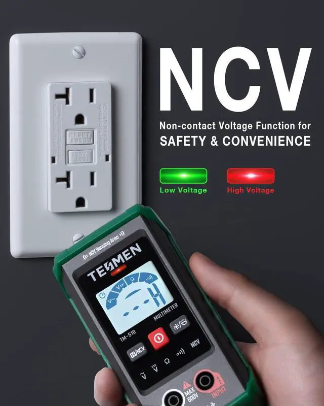 Alt view image 3 of 7 - TM-510 Digital Multimeter, 4000 Counts, Smart Measurement, Auto-Ranging Voltmeter; Voltage Tester with Non-Contact Voltage Function, Measures AC/DC Voltage, Resistance, Continuity  Green