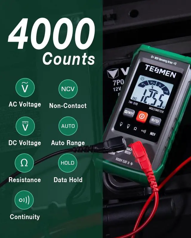 Alt view image 2 of 7 - TM-510 Digital Multimeter, 4000 Counts, Smart Measurement, Auto-Ranging Voltmeter; Voltage Tester with Non-Contact Voltage Function, Measures AC/DC Voltage, Resistance, Continuity  Green