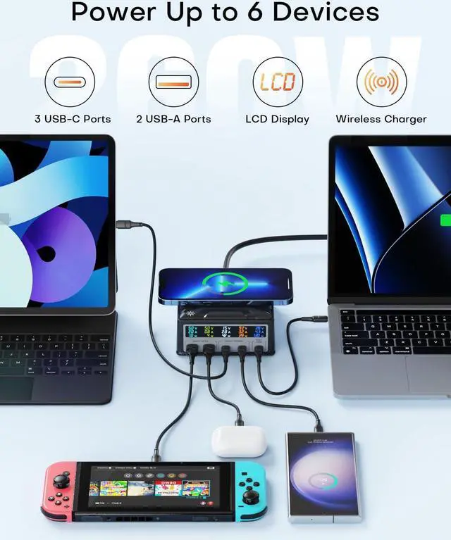 Alt view image 3 of 7 - USB Charging Station,260W 5Ports Fast USB C Charging Station,140W PD3.1 USB C GaN Charger with LCD Display,Wireless Charger,Desktop USB Charging Hub for MacBook Pro/Air,iPad,iPhone,Samsung