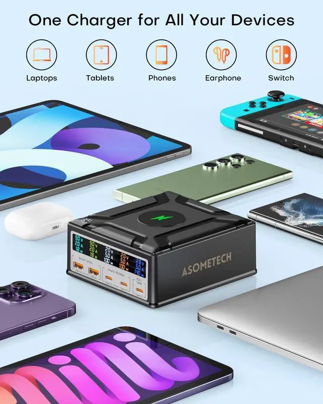 Alt view image 6 of 7 - USB Charging Station,260W 5Ports Fast USB C Charging Station,140W PD3.1 USB C GaN Charger with LCD Display,Wireless Charger,Desktop USB Charging Hub for MacBook Pro/Air,iPad,iPhone,Samsung
