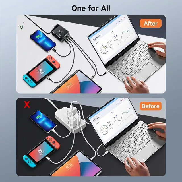 Alt view image 3 of 7 - 200W USB C Charger Block, 4 Ports GaN Fast Charging Station Wall Charger, PD3.0 PPS 100W QC3.0 65W Power Station Travel Adapter with AC Cord UK/EU Plug for MacBook Pro/Ai/iPhone 15/14/13/ S24