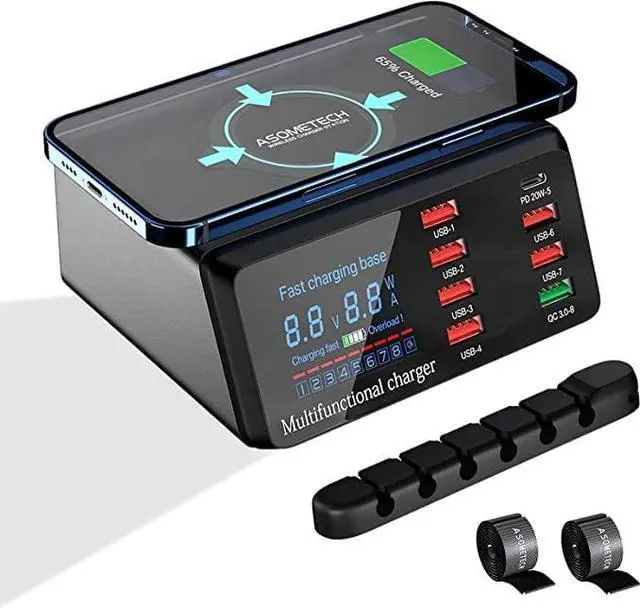 Main image of USB Charger Hub 100W 8-Port Desktop Multiple USB Charging Station with PD Port, Quick Charge 3.0 USB Port, Wireless Charger, LCD Display Fast USB C Charger for iPhone 12, Tablet and More
