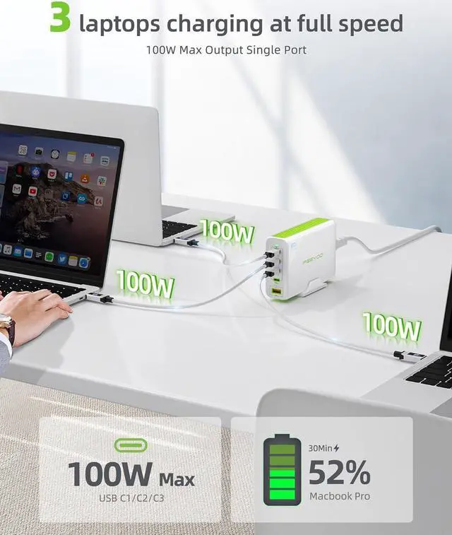 Alt view image 2 of 6 - 300W USB C Charger GAN Fast Charging Station 5 Ports Type C Power Adapter PD 100w Desktop Charger Compatible with MacBook Pro/Air,Dell XPS,iPad,iPhone,Galaxy etc