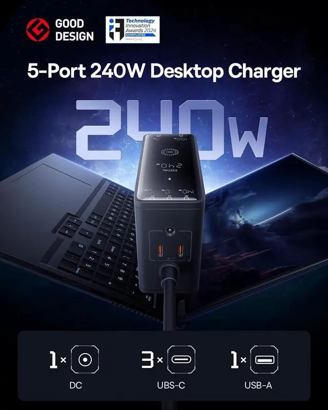 Alt view image 5 of 7 - 240W Smart USB C Charger, 5 Ports PD 3.1 GAN Desktop Charger with Digital LED Display, Dual Laptop Type C Fast Charging Station for MacBook Pro, Dell XPS, Lenovo, iPhone 15, Galaxy S23