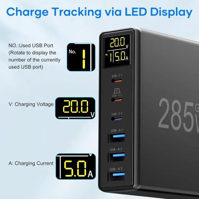 Alt view image 2 of 7 - 285W USB C Charger Block, 6 Ports Multiple USB Charging Station with Digital LCD Dispaly GaN Fast 100W USB C Charger for MacBook Laptops Multiport USB Charger for i Pad i Phone Samsung, Black