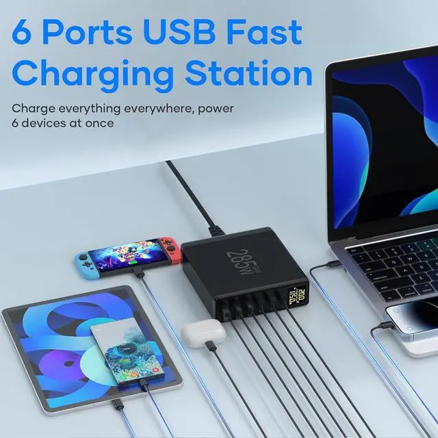 Alt view image 3 of 7 - 285W USB C Charger Block, 6 Ports Multiple USB Charging Station with Digital LCD Dispaly GaN Fast 100W USB C Charger for MacBook Laptops Multiport USB Charger for i Pad i Phone Samsung, Black