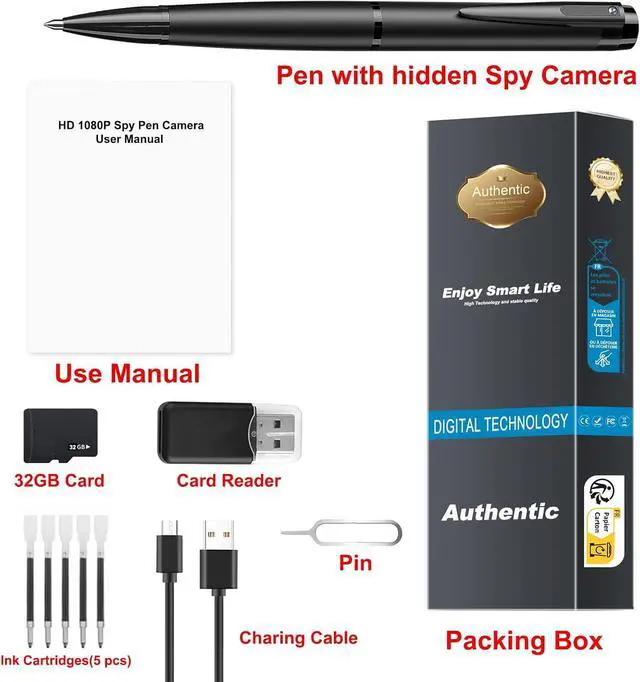Alt view image 5 of 6 - Hidden Camera Ultra HD 1080P Spy Camera Pen Portable Security Camera with 32GB SD Card Loop Recording or Photo Nanny Mini Cam for Indoor and Outdoor