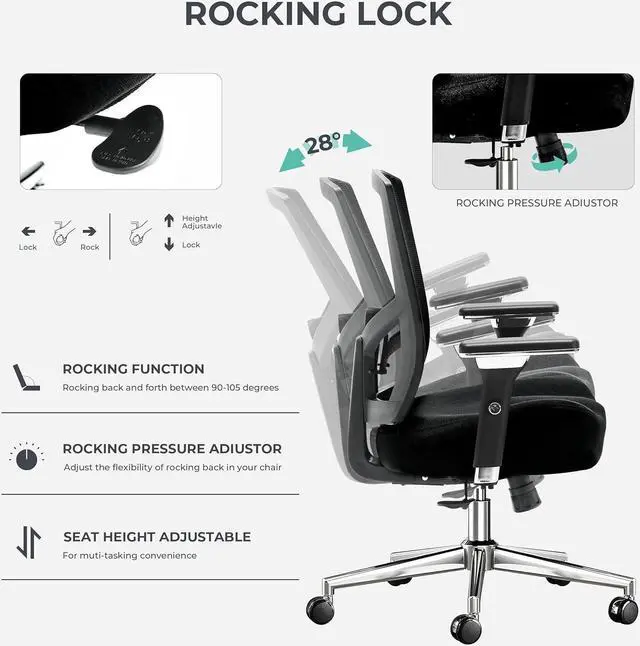 Alt view image 5 of 7 - Big and Tall Office Chair 500lbs, Ergonomic Oversize Mesh Desk Chair, Heavy Duty High Back Computer Chair with Wide Thick Seat Cushion, Adjustable Lumbar Support, 4D Armrests