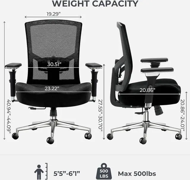 Alt view image 2 of 7 - Big and Tall Office Chair 500lbs, Ergonomic Oversize Mesh Desk Chair, Heavy Duty High Back Computer Chair with Wide Thick Seat Cushion, Adjustable Lumbar Support, 4D Armrests
