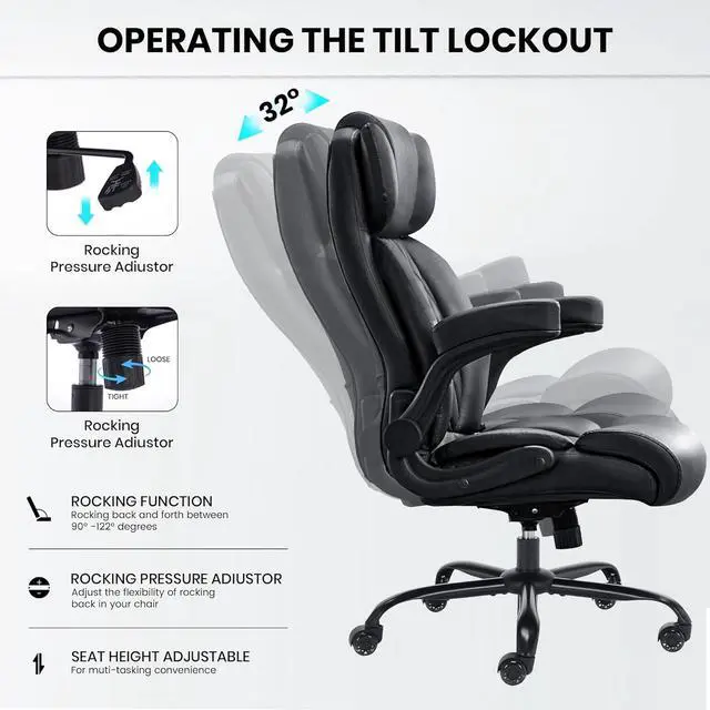 Alt view image 4 of 7 - Big and Tall Office Chair 500lbs-Adjustable Lumbar Support for Back Pain, Extra Wide Seat Executive Office Chair Thick Armrest Pad, Heavy Duty Base&Upgraded Wheels, Ergonomic Comfy Computer Desk Chair