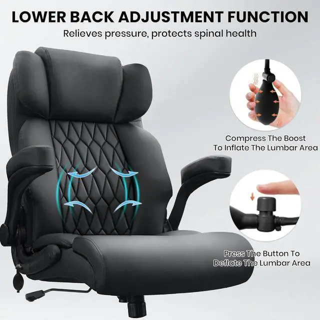 Alt view image 3 of 7 - Big and Tall Office Chair 500lbs-Adjustable Lumbar Support for Back Pain, Extra Wide Seat Executive Office Chair Thick Armrest Pad, Heavy Duty Base&Upgraded Wheels, Ergonomic Comfy Computer Desk Chair