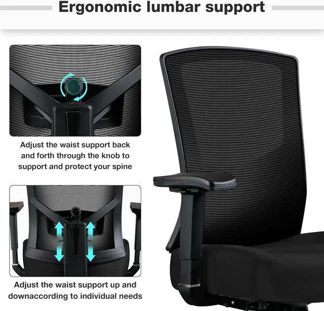 Alt view image 5 of 7 - Big and Tall Office Chair 450lbs, Ergonomic High Back Computer Desk Chair for Heavy People with 2D Adjustable Waist Support and Heavy Duty Metal Base Mesh Chair,BLACK