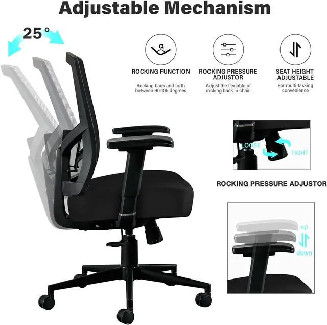 Alt view image 6 of 7 - Big and Tall Office Chair 450lbs, Ergonomic High Back Computer Desk Chair for Heavy People with 2D Adjustable Waist Support and Heavy Duty Metal Base Mesh Chair,BLACK