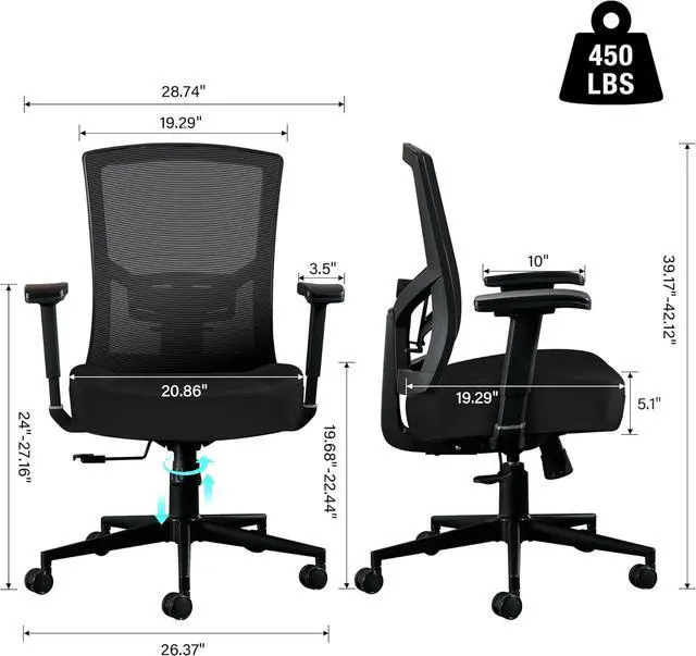 Alt view image 3 of 7 - Big and Tall Office Chair 450lbs, Ergonomic High Back Computer Desk Chair for Heavy People with 2D Adjustable Waist Support and Heavy Duty Metal Base Mesh Chair,BLACK