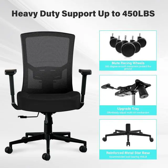 Alt view image 7 of 7 - Big and Tall Office Chair 450lbs, Ergonomic High Back Computer Desk Chair for Heavy People with 2D Adjustable Waist Support and Heavy Duty Metal Base Mesh Chair,BLACK