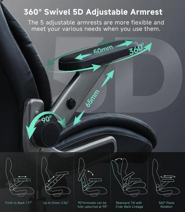 Alt view image 2 of 7 - Big and Tall Office Chair with 5D Flip Arms, 600LBS PU Leather Executive Office Chair, Adjustable Lumbar Support 3'' Double Space Wheel, Managerial Home Desk Chair, Heavy Duty High Back Computer Chair