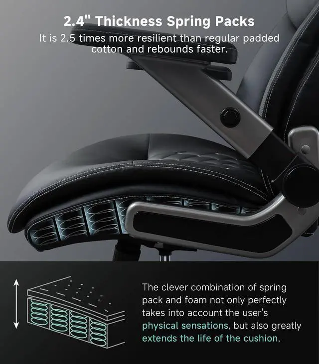 Alt view image 5 of 7 - Big and Tall Office Chair with 5D Flip Arms, 600LBS PU Leather Executive Office Chair, Adjustable Lumbar Support 3'' Double Space Wheel, Managerial Home Desk Chair, Heavy Duty High Back Computer Chair