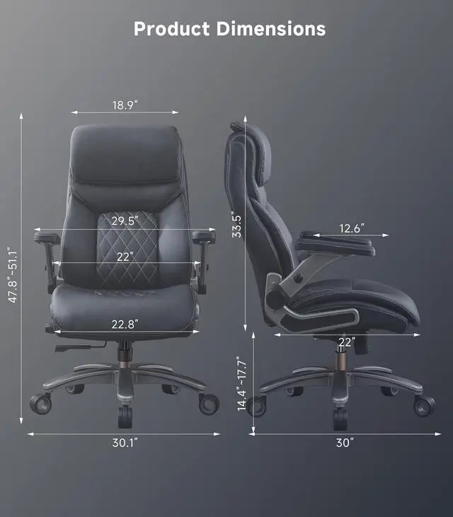 Alt view image 7 of 7 - Big and Tall Office Chair with 5D Flip Arms, 600LBS PU Leather Executive Office Chair, Adjustable Lumbar Support 3'' Double Space Wheel, Managerial Home Desk Chair, Heavy Duty High Back Computer Chair