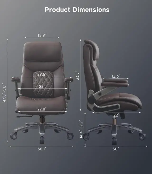 Alt view image 2 of 7 - Big and Tall Office Chair with 5D Flip Arms, 600LBS PU Leather Executive Office Chair, Adjustable Lumbar Support 3'' Double Space Wheel, Managerial Home Desk Chair, Heavy Duty Chair,BROWN