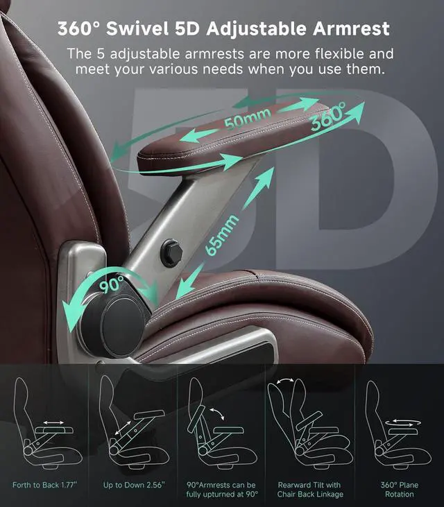 Alt view image 3 of 7 - Big and Tall Office Chair with 5D Flip Arms, 600LBS PU Leather Executive Office Chair, Adjustable Lumbar Support 3'' Double Space Wheel, Managerial Home Desk Chair, Heavy Duty Chair,BROWN
