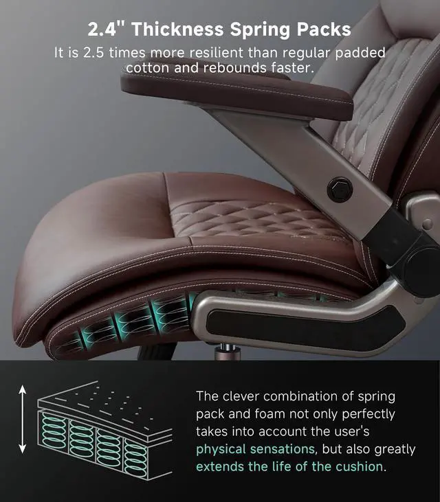 Alt view image 6 of 7 - Big and Tall Office Chair with 5D Flip Arms, 600LBS PU Leather Executive Office Chair, Adjustable Lumbar Support 3'' Double Space Wheel, Managerial Home Desk Chair, Heavy Duty Chair,BROWN