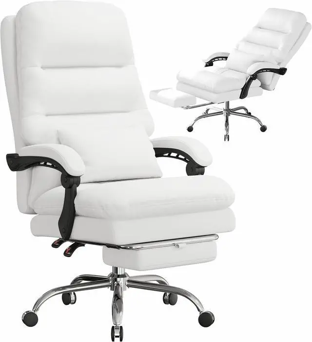 Main image of Office Chair, Big and Tall Office Desk Chair, Ergonomic Office Chair, 400LBS PU Leather Computer Chairs, Executive Office Chair with Foot Rest and Lumbar Pillow, Home Office Chair (White)