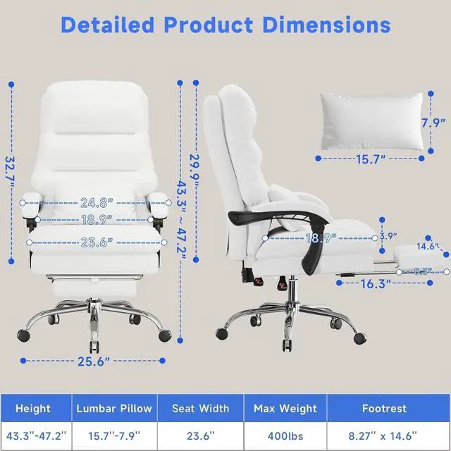 Alt view image 2 of 7 - Office Chair, Big and Tall Office Desk Chair, Ergonomic Office Chair, 400LBS PU Leather Computer Chairs, Executive Office Chair with Foot Rest and Lumbar Pillow, Home Office Chair (White)