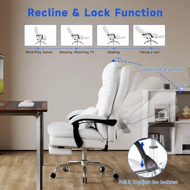 Alt view image 4 of 7 - Office Chair, Big and Tall Office Desk Chair, Ergonomic Office Chair, 400LBS PU Leather Computer Chairs, Executive Office Chair with Foot Rest and Lumbar Pillow, Home Office Chair (White)