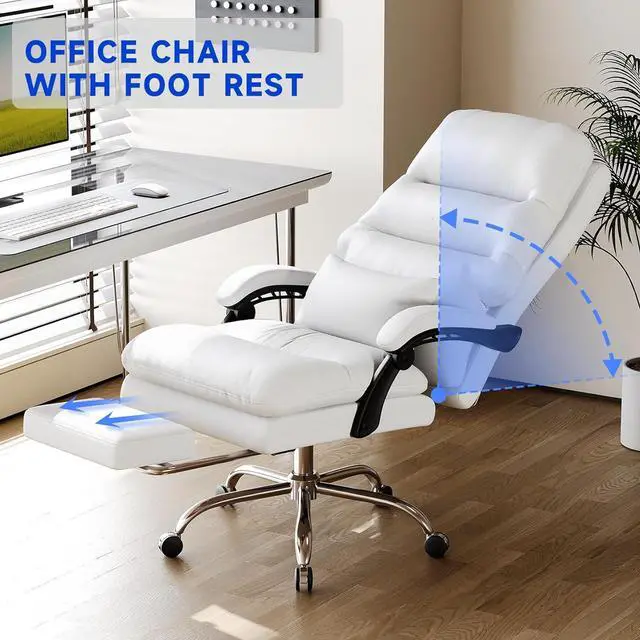 Alt view image 3 of 7 - Office Chair, Big and Tall Office Desk Chair, Ergonomic Office Chair, 400LBS PU Leather Computer Chairs, Executive Office Chair with Foot Rest and Lumbar Pillow, Home Office Chair (White)