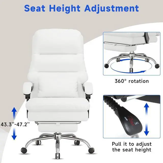 Alt view image 5 of 7 - Office Chair, Big and Tall Office Desk Chair, Ergonomic Office Chair, 400LBS PU Leather Computer Chairs, Executive Office Chair with Foot Rest and Lumbar Pillow, Home Office Chair (White)