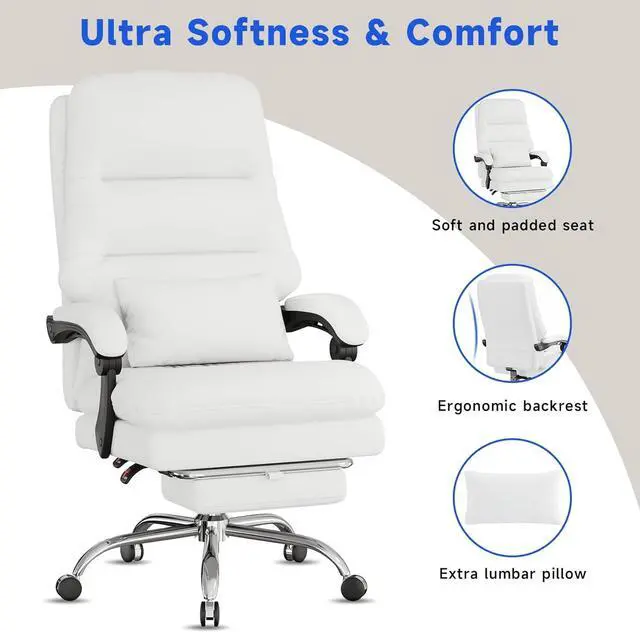 Alt view image 6 of 7 - Office Chair, Big and Tall Office Desk Chair, Ergonomic Office Chair, 400LBS PU Leather Computer Chairs, Executive Office Chair with Foot Rest and Lumbar Pillow, Home Office Chair (White)