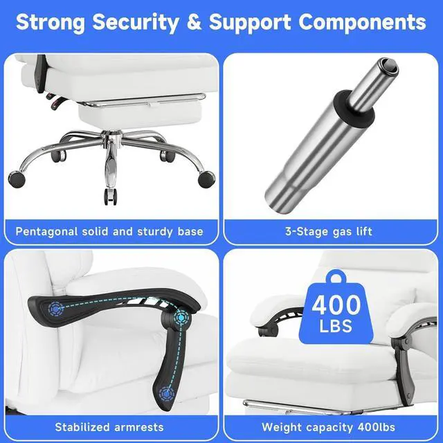 Alt view image 7 of 7 - Office Chair, Big and Tall Office Desk Chair, Ergonomic Office Chair, 400LBS PU Leather Computer Chairs, Executive Office Chair with Foot Rest and Lumbar Pillow, Home Office Chair (White)