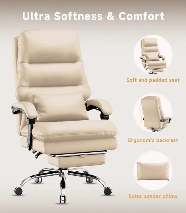 Alt view image 6 of 7 - Office Chair, Big and Tall Office Desk Chair, Ergonomic Office Chair, 400LBS PU Leather Computer Chairs, Executive Office Chair with Foot Rest and Lumbar Pillow,Beige