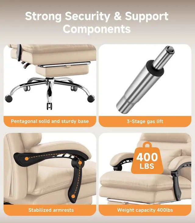 Alt view image 7 of 7 - Office Chair, Big and Tall Office Desk Chair, Ergonomic Office Chair, 400LBS PU Leather Computer Chairs, Executive Office Chair with Foot Rest and Lumbar Pillow,Beige
