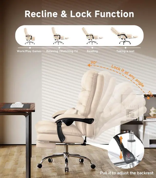 Alt view image 4 of 7 - Office Chair, Big and Tall Office Desk Chair, Ergonomic Office Chair, 400LBS PU Leather Computer Chairs, Executive Office Chair with Foot Rest and Lumbar Pillow,Beige