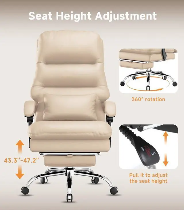 Alt view image 5 of 7 - Office Chair, Big and Tall Office Desk Chair, Ergonomic Office Chair, 400LBS PU Leather Computer Chairs, Executive Office Chair with Foot Rest and Lumbar Pillow,Beige