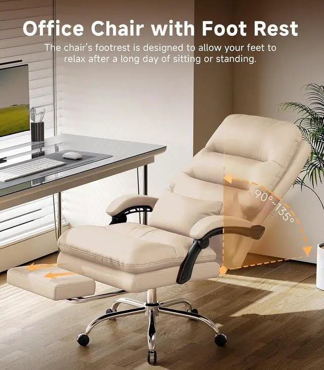 Alt view image 3 of 7 - Office Chair, Big and Tall Office Desk Chair, Ergonomic Office Chair, 400LBS PU Leather Computer Chairs, Executive Office Chair with Foot Rest and Lumbar Pillow,Beige