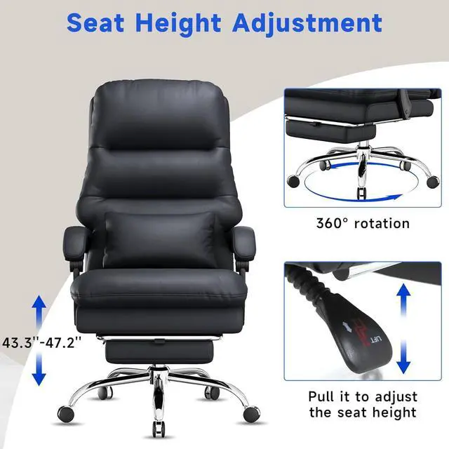 Alt view image 3 of 7 - Office Chair, Big and Tall Office Desk Chair, Ergonomic Office Chair, 400LBS PU Leather Computer Chairs, Executive Office Chair with Foot Rest and Lumbar Pillow, Home Office Chair (Black)