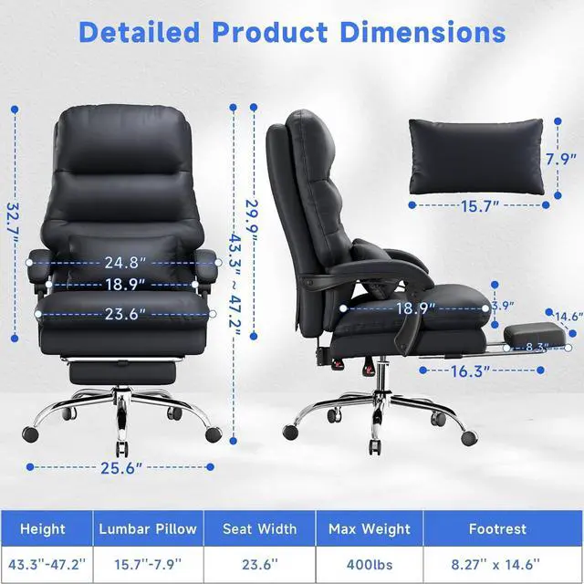 Alt view image 2 of 7 - Office Chair, Big and Tall Office Desk Chair, Ergonomic Office Chair, 400LBS PU Leather Computer Chairs, Executive Office Chair with Foot Rest and Lumbar Pillow, Home Office Chair (Black)