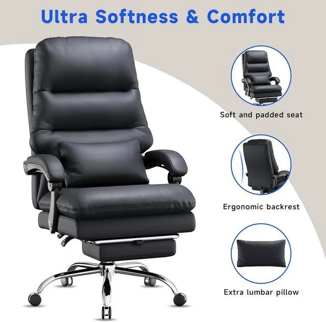 Alt view image 4 of 7 - Office Chair, Big and Tall Office Desk Chair, Ergonomic Office Chair, 400LBS PU Leather Computer Chairs, Executive Office Chair with Foot Rest and Lumbar Pillow, Home Office Chair (Black)