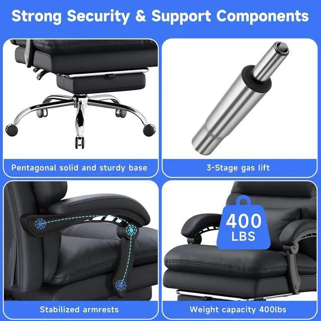 Alt view image 5 of 7 - Office Chair, Big and Tall Office Desk Chair, Ergonomic Office Chair, 400LBS PU Leather Computer Chairs, Executive Office Chair with Foot Rest and Lumbar Pillow, Home Office Chair (Black)