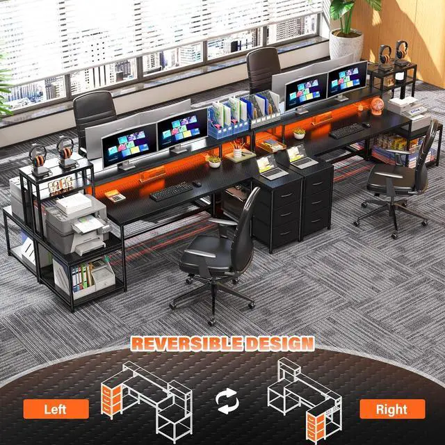 Alt view image 7 of 7 - 71" L Shaped Desk, Computer Desk with Power Outlet & LED Lights, Reversible L Shaped Gaming Desk with Storage Shelves, Office Desk with Monitor Shelf, Corner Desk, Black